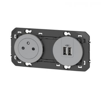  2P+T CHARGEUR USB 2POSTES ALU 